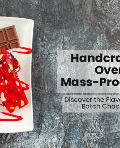 Handmade fusion chocolates arranged on a rustic table with cocoa nibs and artisan tools.