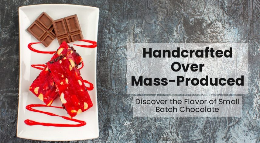 Handmade fusion chocolates arranged on a rustic table with cocoa nibs and artisan tools.