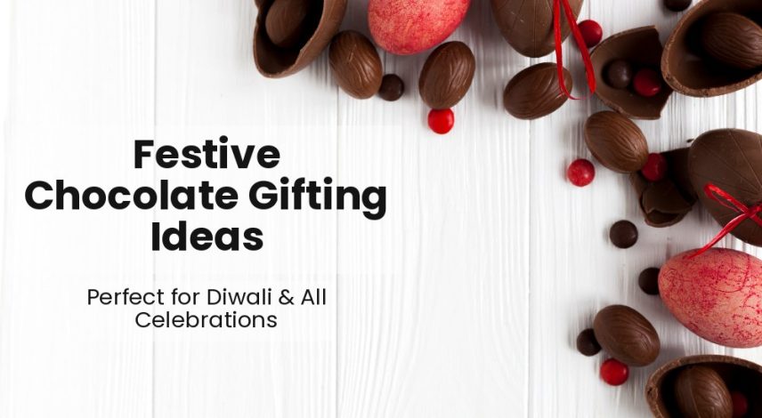 Assorted chocolate gift boxes and hampers decorated for Diwali with traditional Indian festive ornaments.